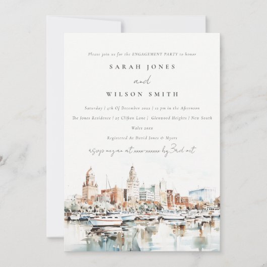 シックタンパフロリダスカイラインウォーターカラー婚約 招待状 (正面)