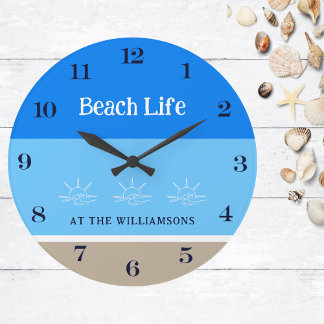 シックタンブルーストライプビーチズファミリーネーム ラージ壁時計