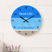 シックタンブルーストライプビーチズファミリーネーム ラージ壁時計