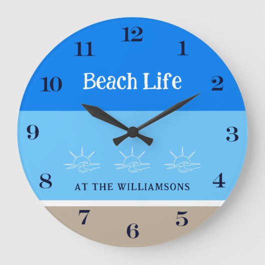 シックタンブルーストライプビーチズファミリーネーム ラージ壁時計 (正面)