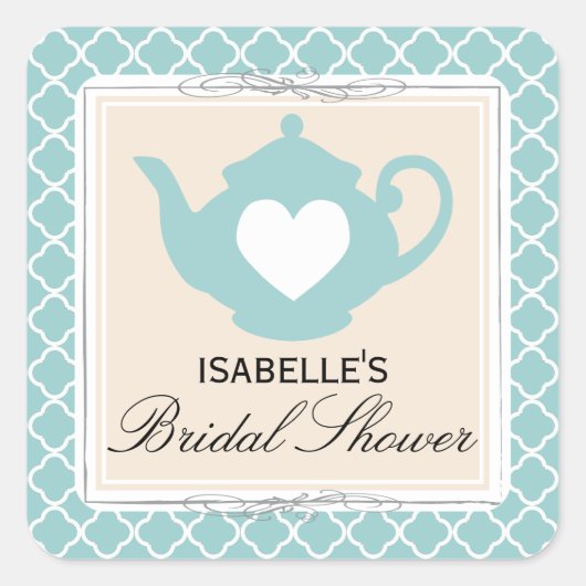 シックタン&ティール(緑がかった色)ティーポットブライダルシャワーティーパーティー スクエアシール (正面)