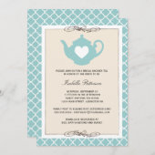 シックタン&ティール(緑がかった色)ティーポットブライダルシャワーティーパーティー 招待状 (正面/裏面)