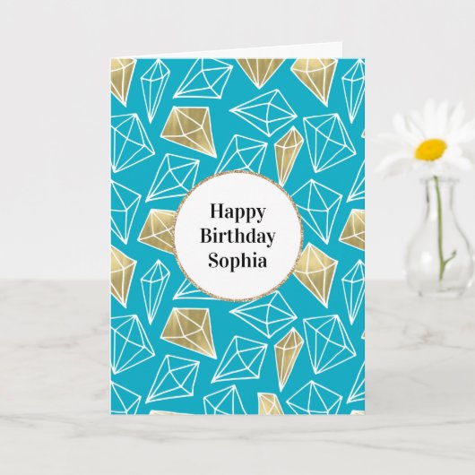 シックターコイズアクアブルー金ゴールドダイヤモンド カード (小さな植物)