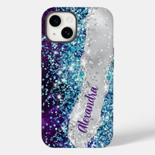 シックターコイズパープルシルバーフェイクグリッターモノグラム Case-Mate iPhone 14ケース