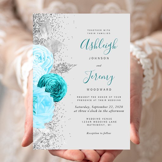 シックターコイズフローラシルバーグリッターグレイ結婚ズ 招待状