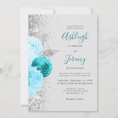 シックターコイズフローラシルバーグリッターグレイ結婚ズ 招待状 (正面)