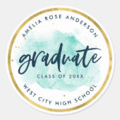 シックターコイズ水彩画金ゴールド卒業 ラウンドシール (正面)