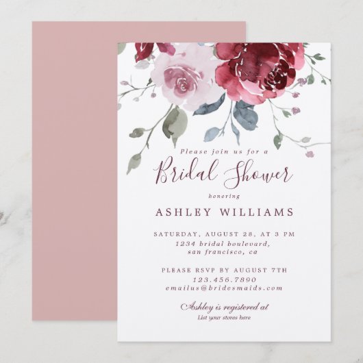 シックダスティピンクローズバーガンディブライダルシャワー 招待状 (正面/裏面)