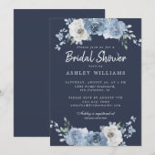 シックダスティブルーアイボリーバラダークブルーブライダルシャワー 招待状 (正面/裏面)