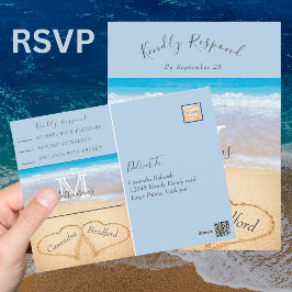 シックダスティブルーハートサンドビーチ結婚式RSVP ポストカード