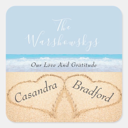 シックダスティブルービーチ結婚式2ハートインサンド スクエアシール (正面)