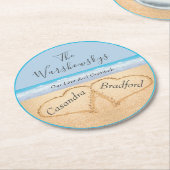 シックダスティブルービーチ結婚式2ハートインサンド ラウンドペーパーコースター (アングル)