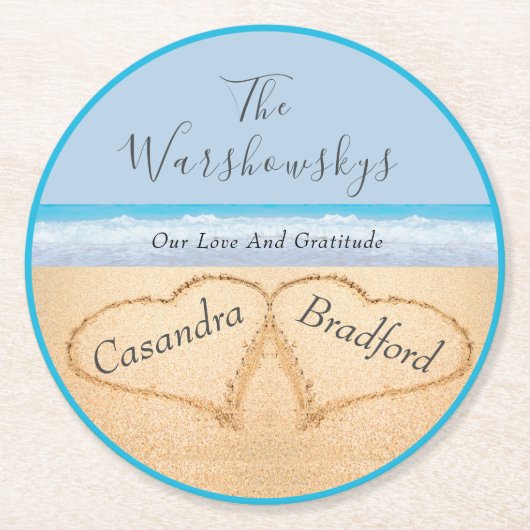 シックダスティブルービーチ結婚式2ハートインサンド ラウンドペーパーコースター (正面)