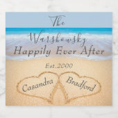 シックダスティブルービーチ結婚式2ハートサンド スパークリングワインラベル (シングルラベル)