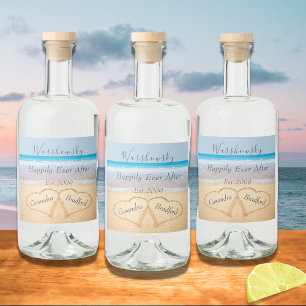 シックダスティブルービーチ結婚式2ハートサンド リキュールボトルラベル