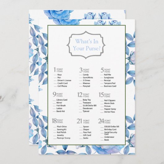 シックダスティブルー赤面バラブライダルシャワーゲーム 招待状 (正面/裏面)