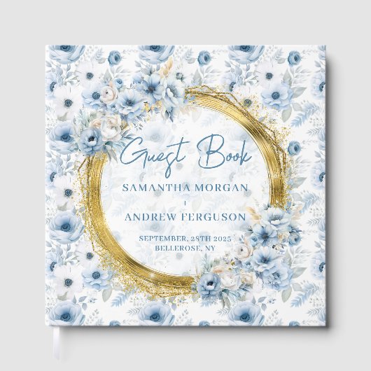 シックダスティブルー金ゴールドグリッター結婚ズゲストブック ゲストブック (正面)