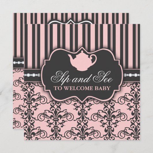 シックダマスクピンクシップアンドシーベビーティー招待状 招待状 (正面/裏面)