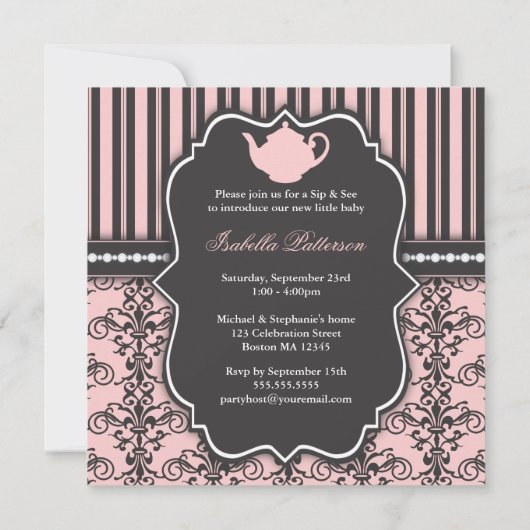 シックダマスクピンクシップアンドシーベビーティー招待状 招待状 (裏面)