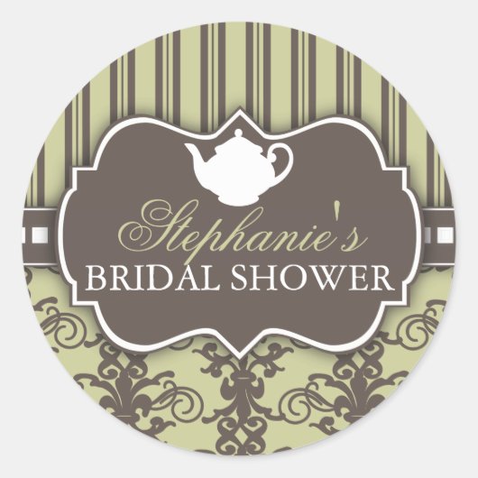 シックダマスクヴィンテージブライダルシャワーティーステッカー ラウンドシール (正面)