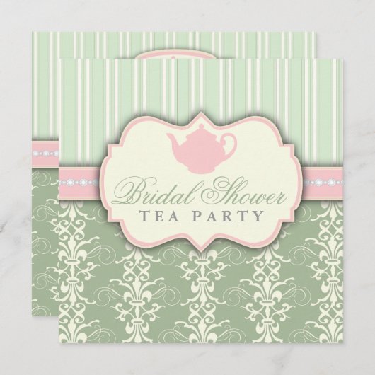 シックダマスク&ストライプブライダルシャワーティー招待状 招待状 (正面/裏面)