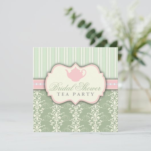 シックダマスク&ストライプブライダルシャワーティー招待状 招待状 (スタンド正面)