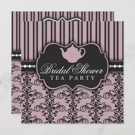 シックダマスク&ストライプブライダルシャワーティー招待状 招待状 (正面/裏面)