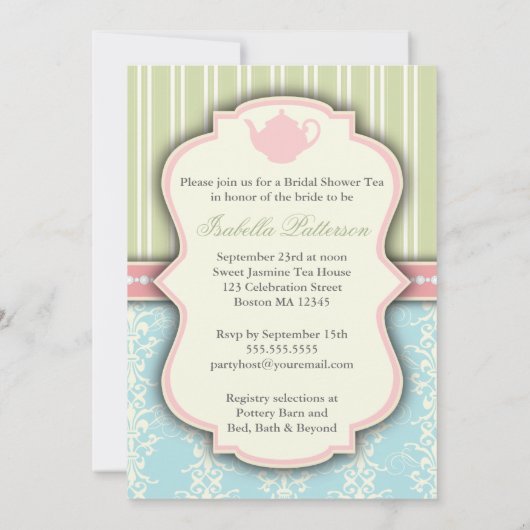 シックダマスク&ストライプブライダルシャワーティー招待状 招待状 (裏面)