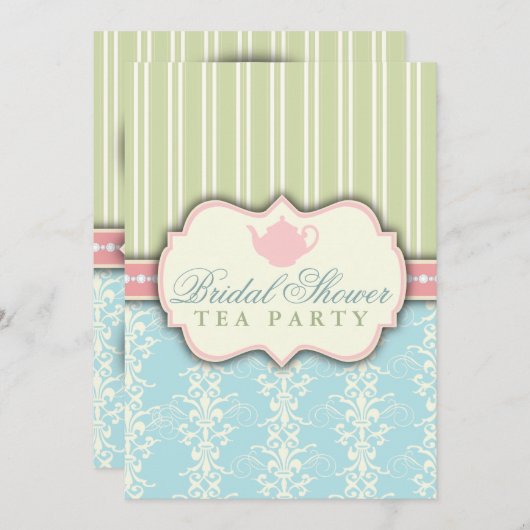 シックダマスク&ストライプブライダルシャワーティー招待状 招待状 (正面/裏面)
