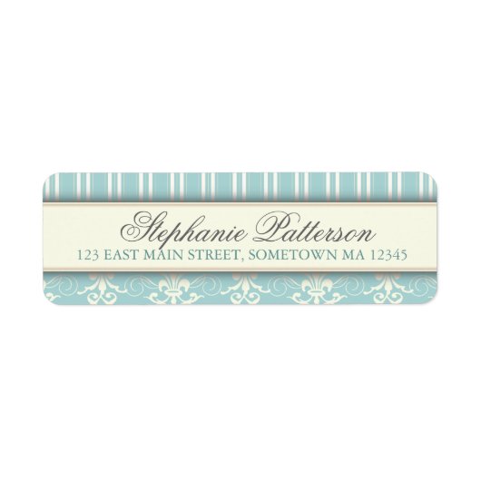 シックダマスク&ストライプ差出人住所ラベル |ティール(緑がかった色) ラベル (正面)