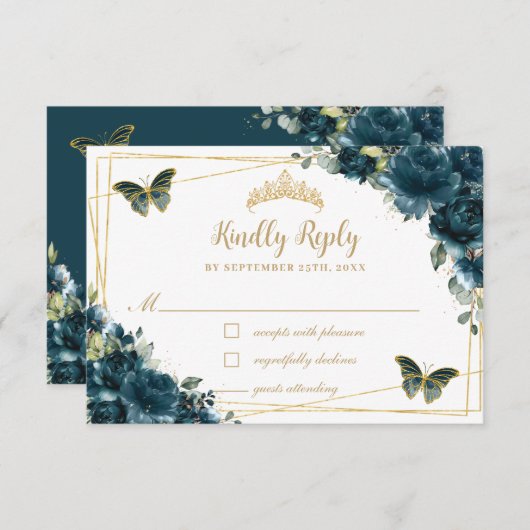 シックダークティール（緑がかった色）フローラ金ゴールド蝶キンセアニラ 出欠カード (正面/裏面)