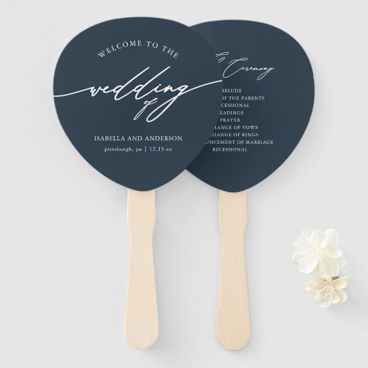 シックダークブルー結婚式 プログラムファン ハンドファン (正面&裏面)