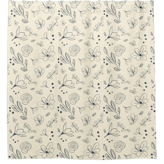 シックチャコールクリームミニマリストフローラ シャワーカーテン (正面)