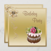 シックチョコレートケーキ&バラ金ゴールド誕生パーティー 招待状 (正面/裏面)