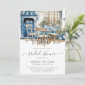 シックティーパーティーブルーホワイトグリーナリーブライダルシャワー 招待状 (スタンド正面)