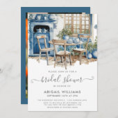 シックティーパーティーブルーホワイトグリーナリーブライダルシャワー 招待状 (正面/裏面)