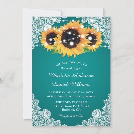 シックティール(緑がかった色)ひまわり結婚の花 招待状 (正面)