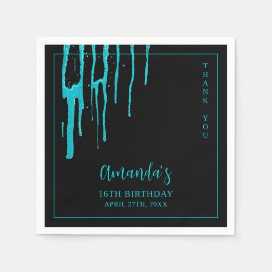 シックティール（緑がかった色）グリッタードリップススイーツ16誕生日 スタンダードカクテルナプキン (正面)