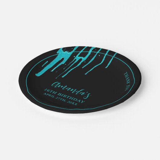 シックティール(緑がかった色)グリッタードリップススイーツ16誕生日 ペーパープレート (アングル)