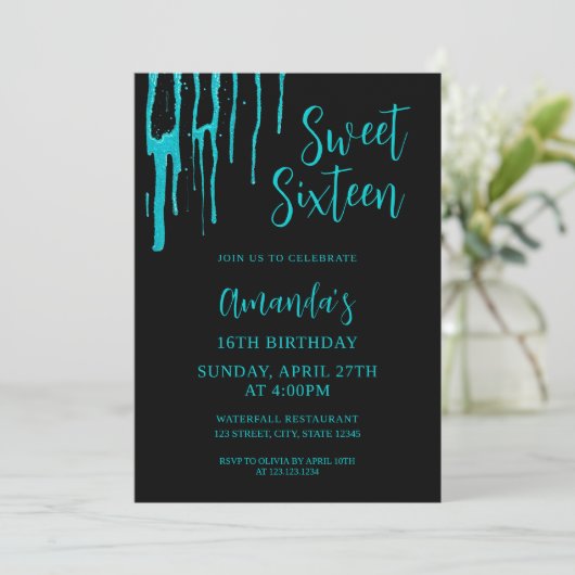 シックティール（緑がかった色）グリッタードリップススイーツ16誕生日 招待状 (スタンド正面)