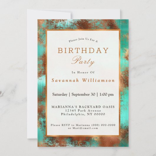 シックティール(緑がかった色)コッパー誕生日 招待状 (正面)