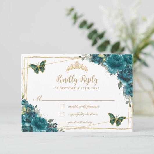 シックティール（緑がかった色）シアンフローラ金ゴールド蝶キンセアニラ 出欠カード (スタンド正面)