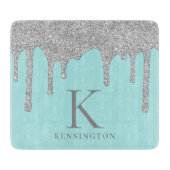 シックティール(緑がかった色)シルバースパークルグリッタードリップスモノグラム カッティングボード (正面)