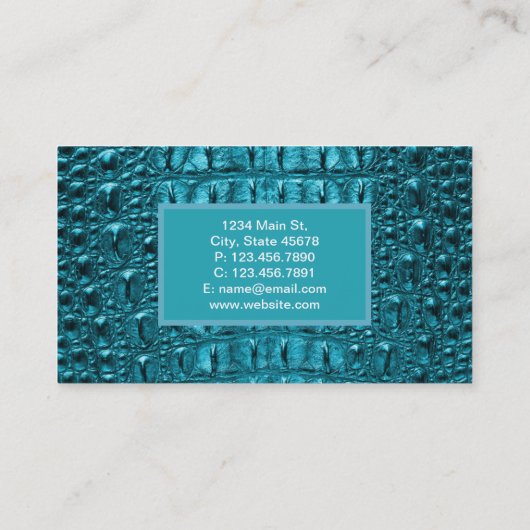 シックティール(緑がかった色)ターコイズアリゲータープリントアクアブルー 名刺 (裏面)