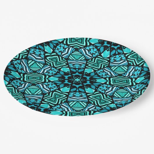 シックティール（緑がかった色）ターコイズレトロオリエンタルモザイクパターン ペーパープレート (アングル)