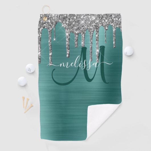 シックティール(緑がかった色)ブラシ仕上げメタルシルバーグリッタードリップス名 ゴルフタオル (インサイチュ)