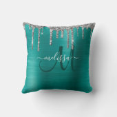 シックティール(緑がかった色)ブラシ仕上げメタルシルバーグリッタードリップ クッション (裏面)