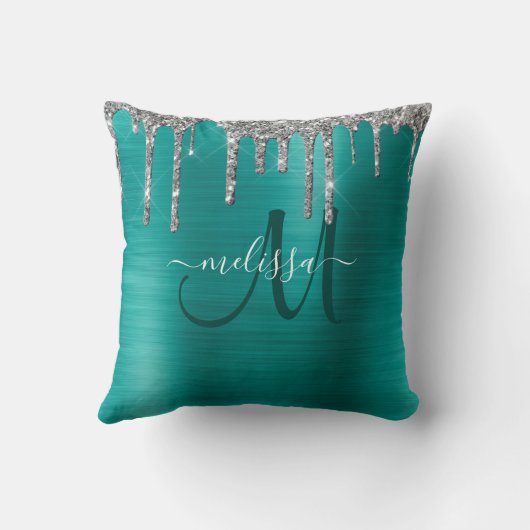 シックティール(緑がかった色)ブラシ仕上げメタルシルバーグリッタードリップ クッション (裏面)