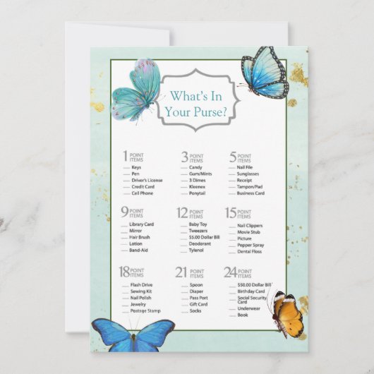 シックティール（緑がかった色）ブルーウォーターカラーバタフライブライダルシャワー 招待状 (正面)