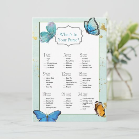 シックティール(緑がかった色)ブルーウォーターカラーバタフライブライダルシャワー 招待状 (スタンド正面)